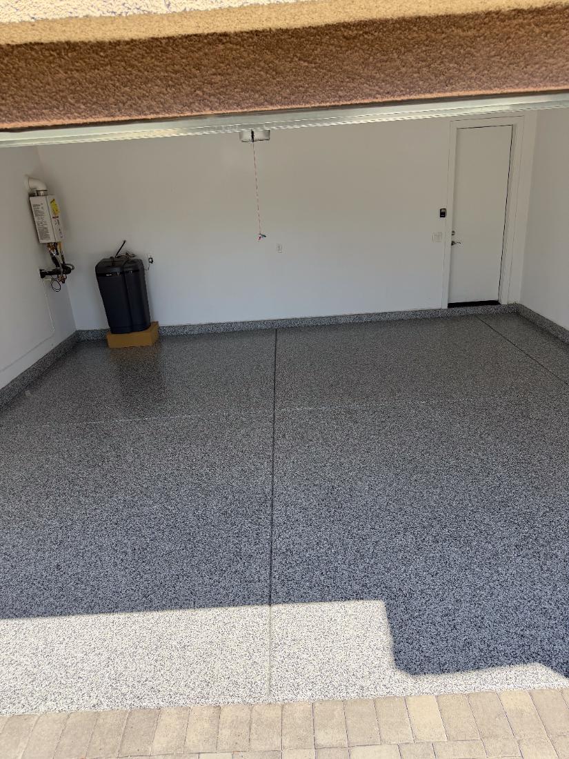 Two-car garage with grey flake epoxy floor, Las Vegas by Tabwa Coatings